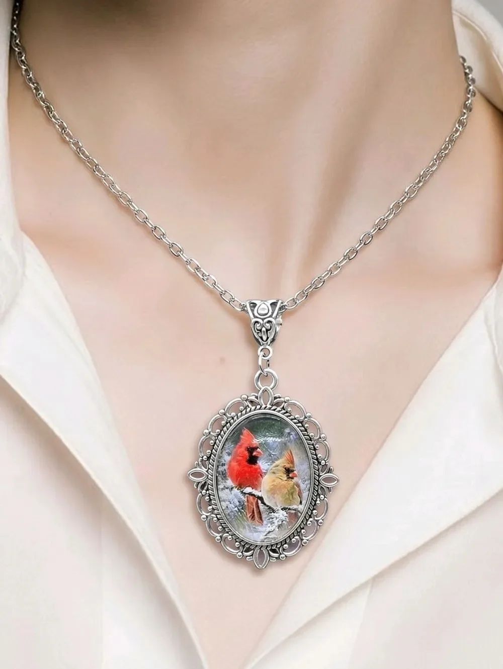 Red Cardinal Portrait Cabochon Silver Glass Dome Spiritual Memory Bird Necklace